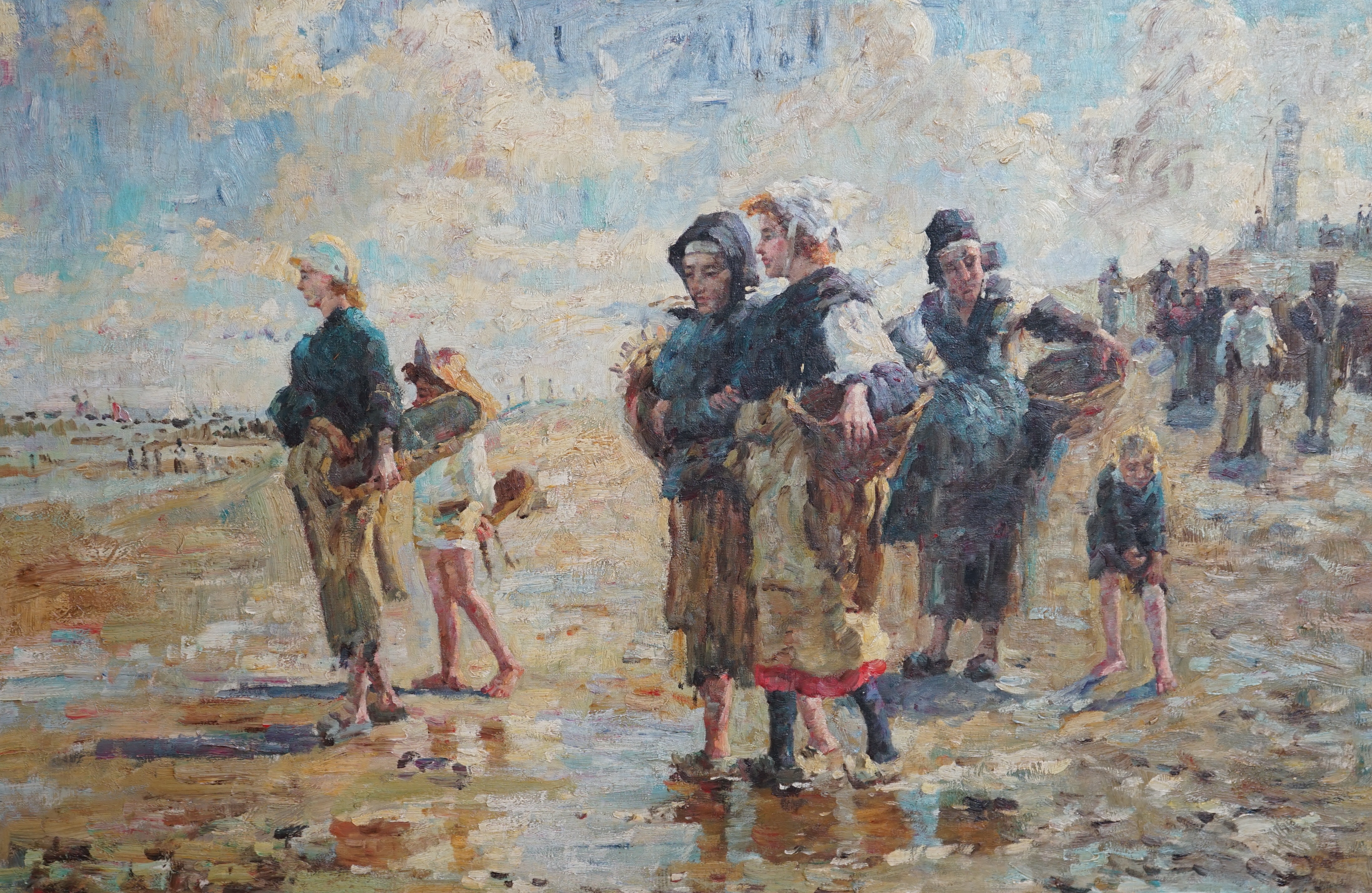 Modern British, oil on board, Beach scene with figures, unsigned, 59 x 90cm. Condition - good